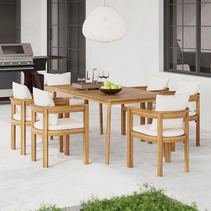 Merax 7 Piece Outdoor Patio Dining Set, Acacia Wood Patio Table and Chairs Set, 6 Outside Armchair with Beige Cushion and 1 Rectangle Table, Patio Dining Furniture for Backyard Poolside Porch, Teak