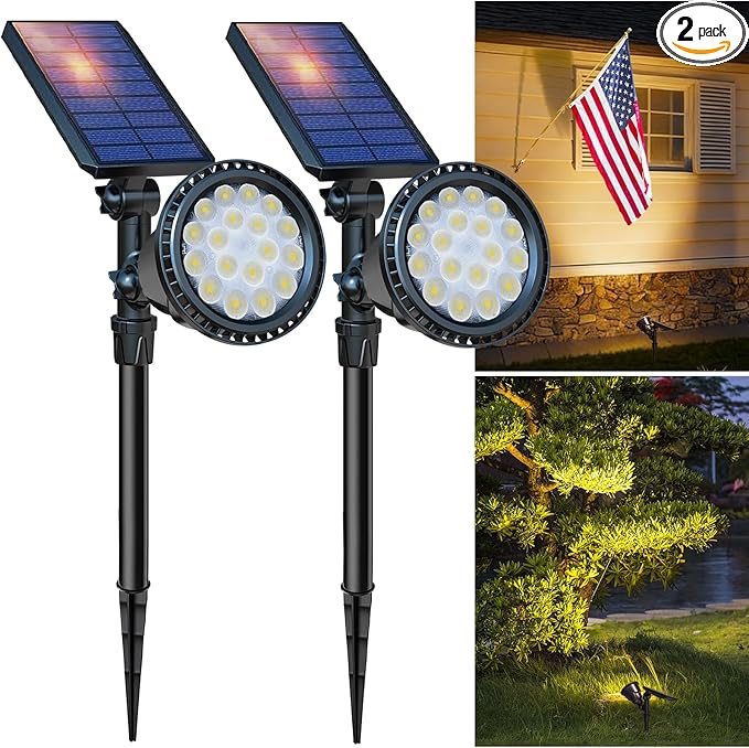DBF Solar Lights Outdoor, 600LM Solar Spotlights Outdoor Waterproof, 2 Brightness Mode Adjustable 18 LED Flag Pole Light for Garden Yard Patio Landscape Driveway Garage Pool(Warm White, 2 Pack)