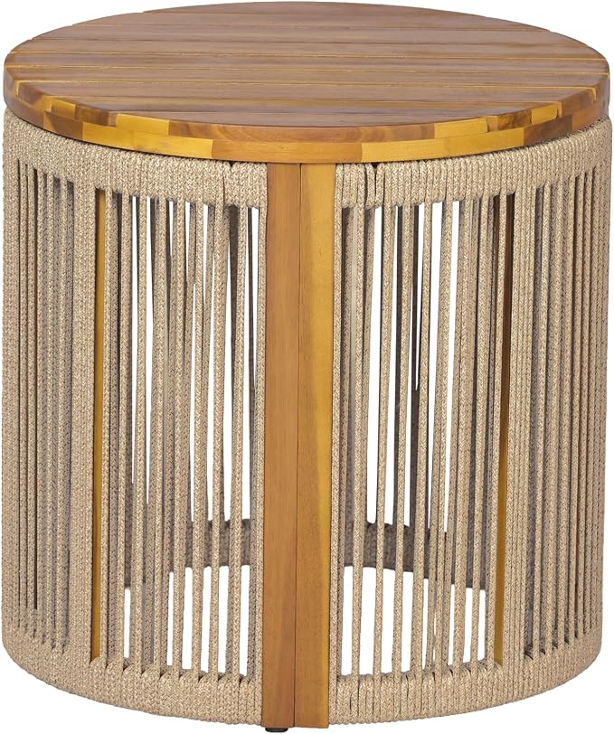 Teak Finish Acacia Wood Round Side Table with Multi Brown Color Rope, 25 lbs Weight Capacity, Weather-Resistant Accent Table for Patio Backyard Living Room