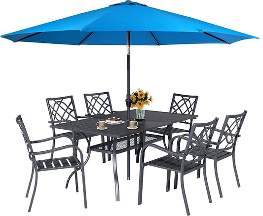 7 Pieces Patio Metal Furniture Outdoor Dining Set with 6 Stackable Bistro Chairs, 60'' x 37'' Rectangle Table and 10Ft Sky Blue Umbrella