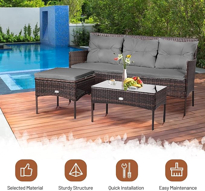 RELAX4LIFE 3 Pieces Patio Furniture Sectional Set, Rattan Wicker Conversation Set W/ 5 Cozy Seat & Back Cushions, Tempered Glass Coffee Table for Poolside, Balcony, Backyard Outdoor Furniture (Gray)