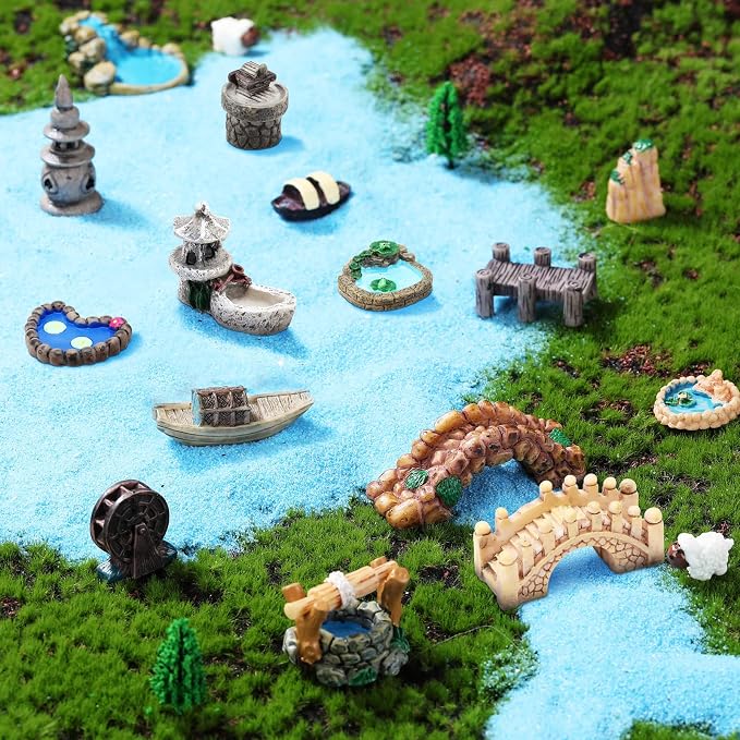 Meooeck 24 Pcs Miniature Garden Accessories Mini Fairy Bridge Figurines Pond Garden Decor Micro Landscape Lighthouse Water Well Ornament for Yard DIY Craft