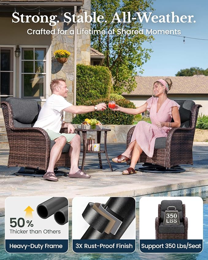 HILLGA 3-Piece Luxury Patio Furniture Set with 6" Thick Cushions, Weather-Resistant Wicker High Back Swivel Rocker Chairs, Senior-Friendly Conversation Set for Small Porch, Deck and Sunroom, Gray(V2)