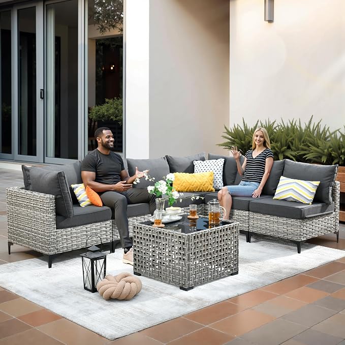 CAODOC Outdoor Sectional Patio Furniture Set,10 Pieces Wicker Conversation Sets L Shaped Couch,Out Door Sofa Outside Furniture with Swivel Chairs,Black