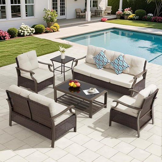 Outdoor Patio Furniture Set, 6 Pieces Outdoor Conversation Sets with Coffee Table & Side Table, Wicker Rattan Outdoor Sectional Sofa Set for Backyard, Deck, Porch, Poolside, Beige