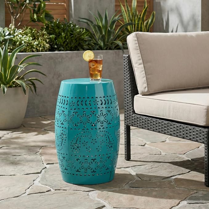 12" Outdoor Side Table, Decorative Cutout Metal Round Side Table, Multi Functional - Coffee Table, Night Stand, Plant Stand for Patio, Garden, Backyard, Gazebo Indoor (Teal)