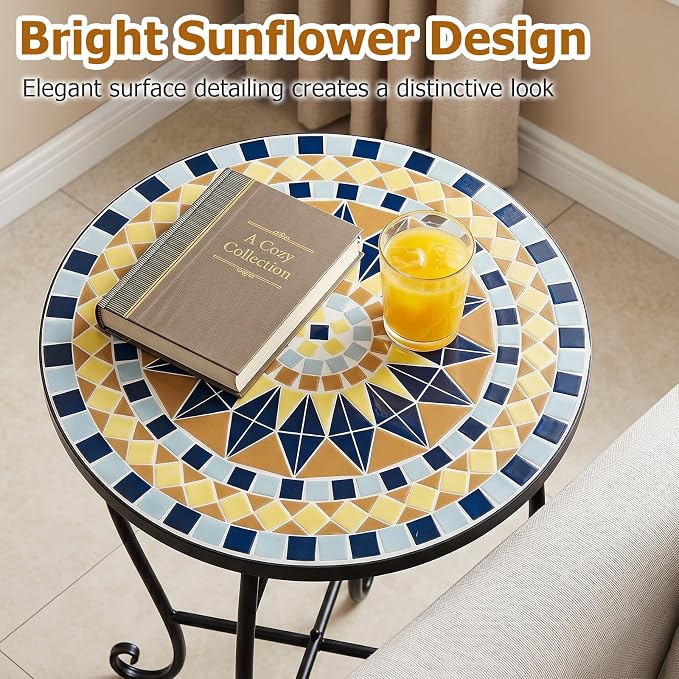 Giantex Outdoor Side Table, Bright Sunflower Mosaic Patio Accent Table, 14" Coffee End Table, Indoor Outdoor Metal Plant Stand for Porch Garden Balcony Desk