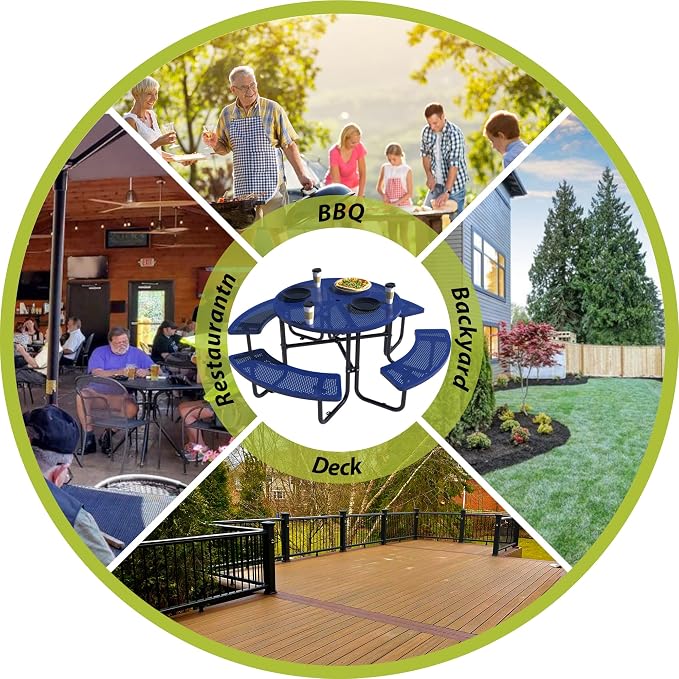 46-inch Heavy-Duty Outdoor Steel Round Picnic Table, Portable Commercial-Grade Picnic Table with Parasol Hole, Sturdy and Durable, Ideal for Garden and Patio Barbecues (Blue - Round)