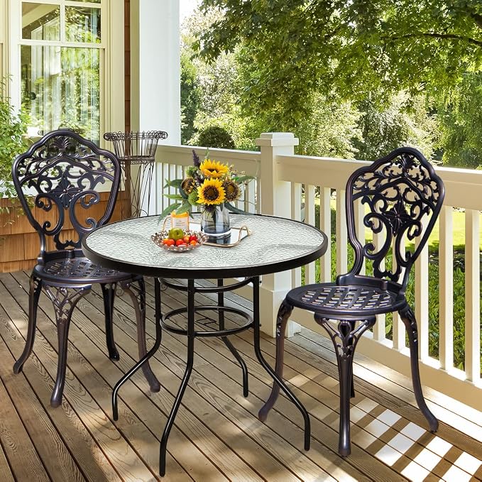 KOTEK 32'' Patio Table with Umbrella Hole, Outdoor Bistro Table w/Tempered Glass Top & Sturdy Metal Frame, Round Patio Dining Table Coffee Table for Garden, Balcony, Poolside