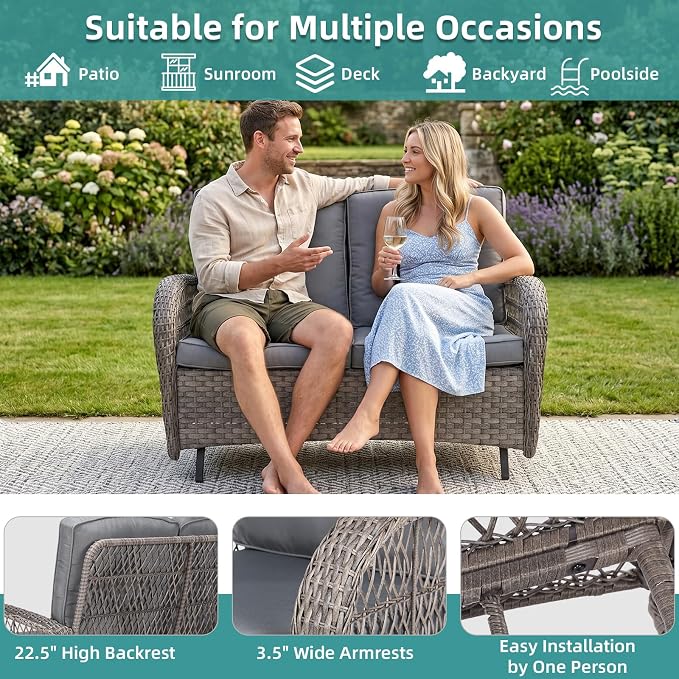 MEETWARM Outdoor Wicker Patio Glider Set, Loveseat for 2 Person Porch Furniture Glider with Glass-Top Coffee Table, Patio Glider Rocking Bench with Thickened Cushions, Gray