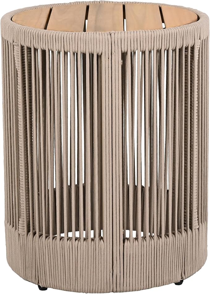 Outdoor Rattan Rope & Acacia Wood Side Table - Patio Balcony Furniture for Garden, Yard, Balcony - Weather Resistant(Rope Beige, Natural Iron)