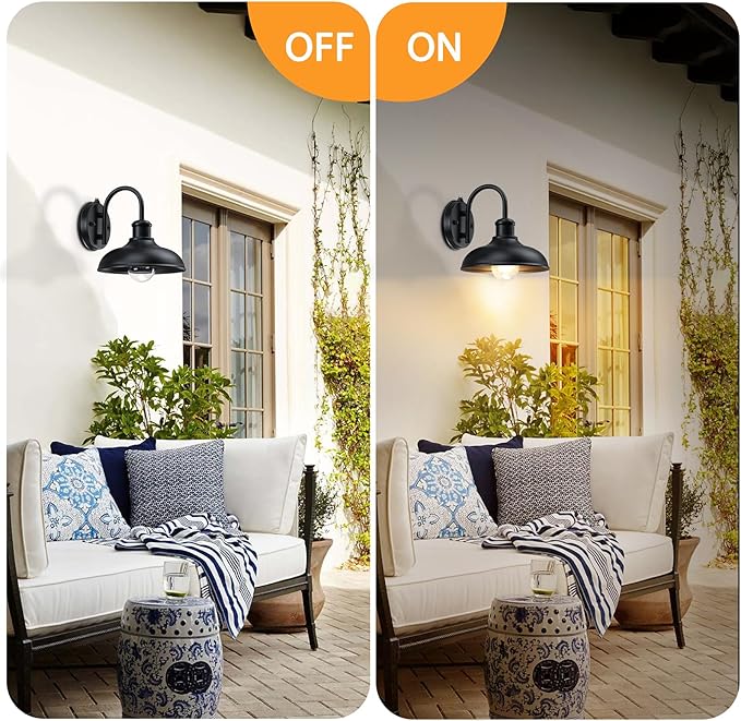 Dusk to Dawn Gooseneck Outdoor Light Fixtures, Farmhouse Barn Lights | Industrial Porch Lights, Black Exterior Wall Sconce for Garage, E26 Anti-Rust for Frontdoor Entryway, 2 Packs
