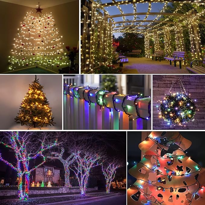 Solar Christmas lights Outdoor 2 Pack 480 LED Warm White to Multicolor | 170FT, 8 Lighting Modes, Memory Function, Auto On/Off, Waterproof Twinkle Lights for Outside Roof Porch Patios Balcony Decor