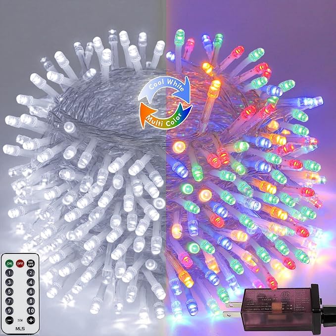 200 LED Connectable String Lights with Remote, Cool White to Multicolor | 11 Modes, Timer, 66FT Clear Wire Waterproof Color Changing Twinkle Fairy Lights Plug in for Bedroom Patio Xmas Tree Decor