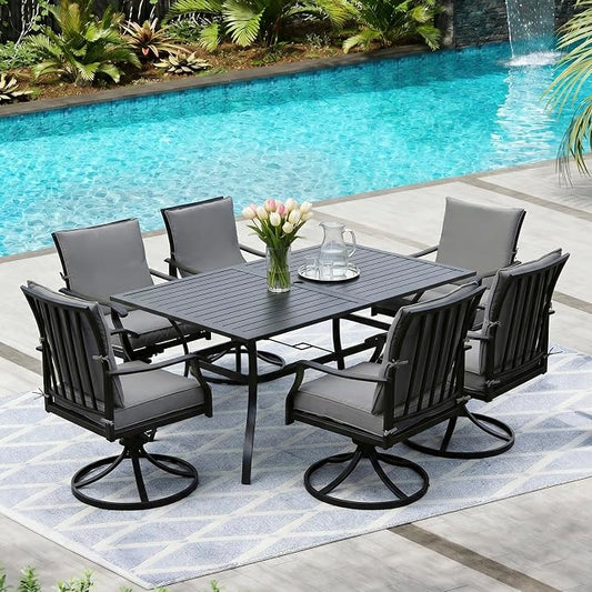 LVUYOYO 7-Piece Outdoor Patio Dining Set, Metal Swivel Chair & Rectangular Table Set, All-Weather Furniture for Backyard, Garden,Balcony,Porch (Gray)