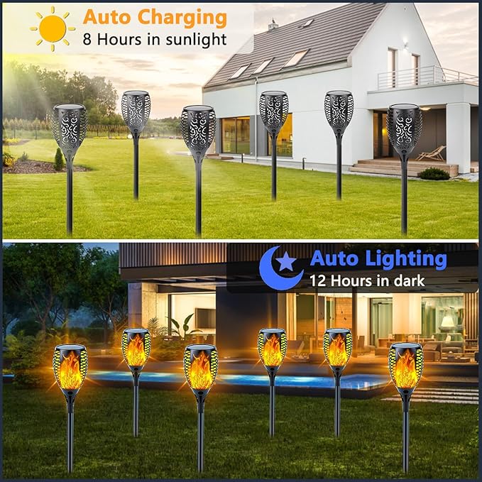 Solar Torch Lights with Flickering Flame Larger Size Solar Flame Lights | 6 Pack Upgraded Solar Lights Outdoor for Halloween Decor, Waterproof Solar Tiki Torches Outdoor for Garden Yard Pathway Patio