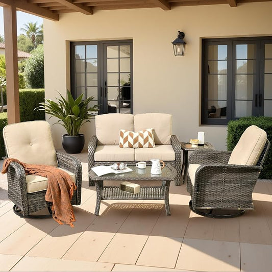 Weaxty Wicker Patio Furniture Set with Swivel Rocker Chairs Outdoor Loveseat Sofa and Rattan Coffee Table, 5 Pieces Outdoor Conversation Sets for Patio Porch Deck Backyard Poolside,Beige