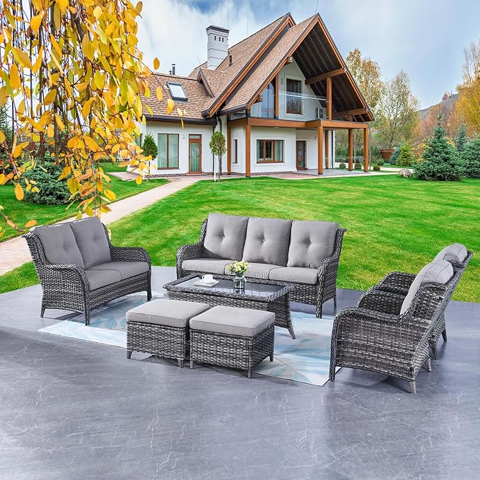 Rilyson Outdoor Patio Furniture Sofa Set - 7 PC Rattan Wicker Patio Sectional Conversation Sets with Sofa,Loveseat,Coffee Table,Armrest Chairs and Ottomans for Porch Deck Garden(Mixed Grey/Grey)