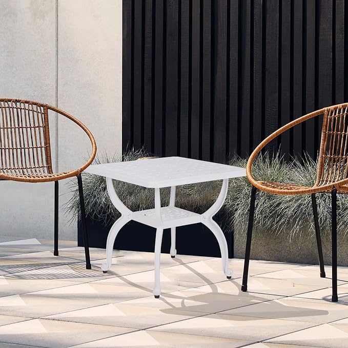 YKSY&YKSY Jardin DE Centennial Cast Aluminum Outdoor Side Table,Anti-Rust Outdoor End Table,Patio Coffee Bistro Table for Indoor,Garden,Porch,Balcony(Square White) 1