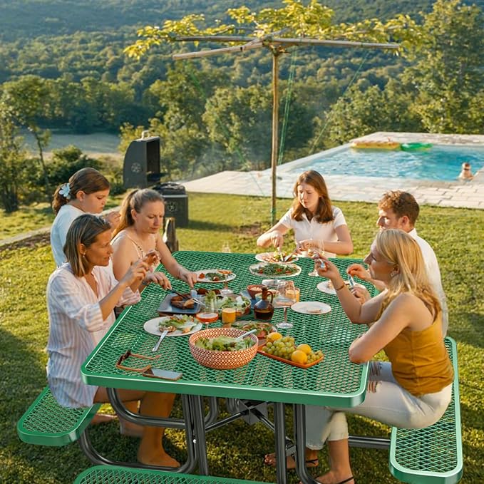 Ceridwen Heavy Duty Picnic Table with 4 Benches, Expanded Metal Steel Mesh Outdoor Patio Dining Table Bench Set with Umbrella Hole,Outdoor Patio Dining Table for Garden (Square, Green, 46FT)