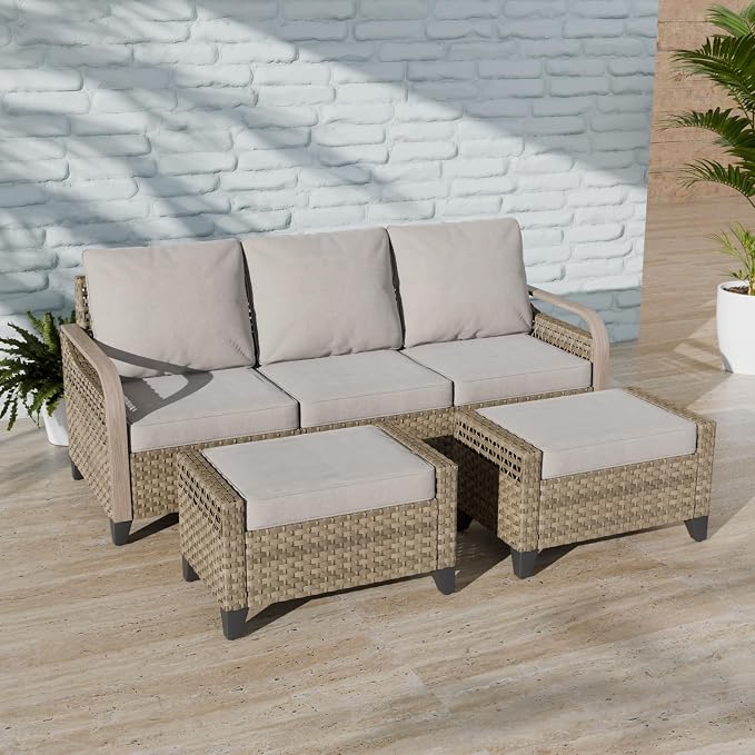 COOS BAY Modern Wicker Outdoor Furniture Set, 3 Piece Patio Conversation Set with a 3 Seat Couch and 2 Ottomans, 3 Piece, Brown/Gray