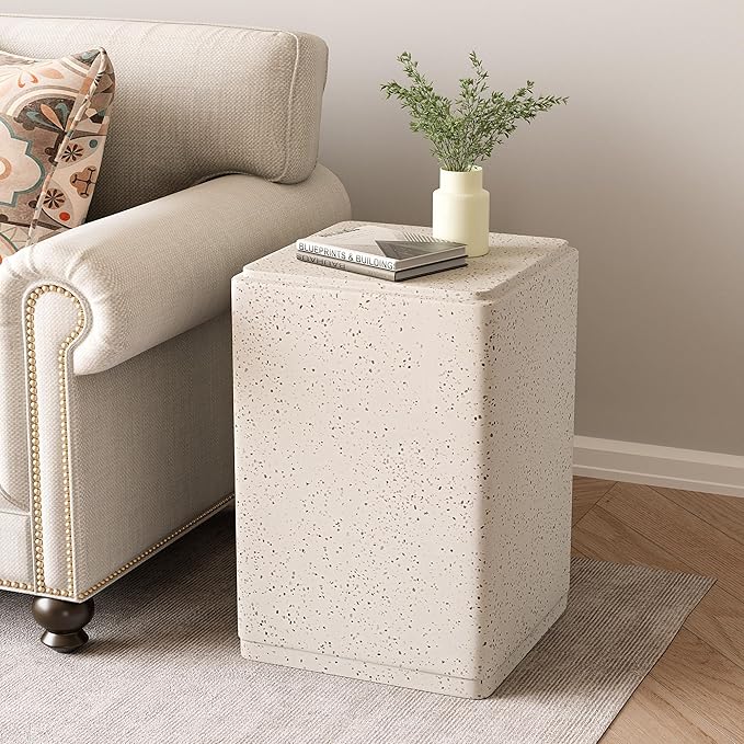HOMPUS Outdoor Side Table Rectangular, Concrete Lightweight MgO End Table, Patio Accent Coffee Table Garden Tool for Patio, Porch and Deck, Spotted White