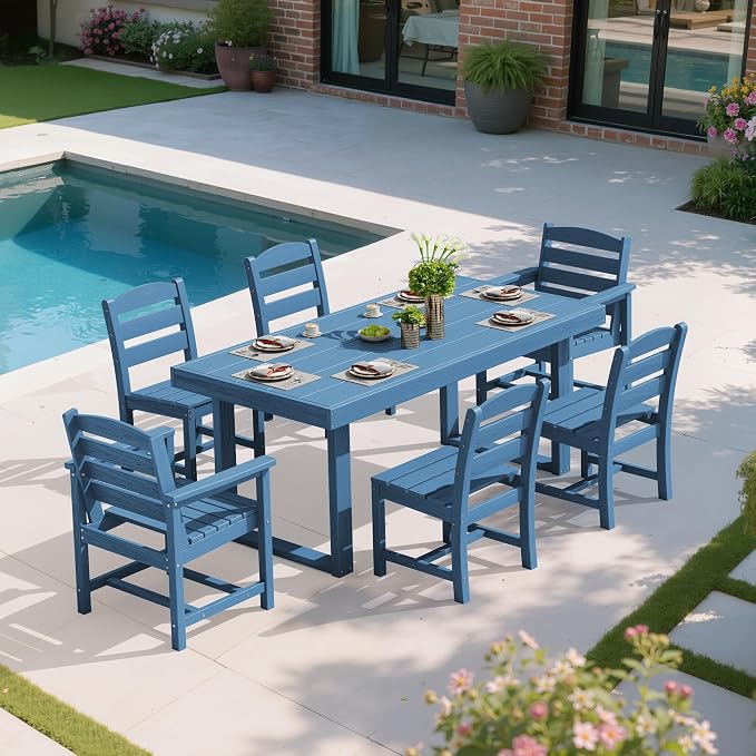 SERWALL HDPE Outdoor Dining Set for 6, 67'' Patio Table and Chairs Set | with Armless Seat