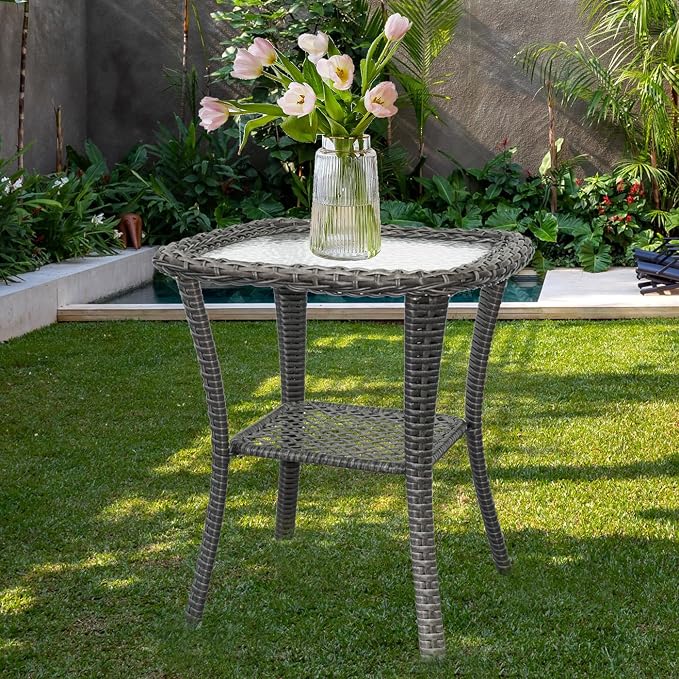 Outdoor Patio Coffee Tables, All Weather Resin Rattan Patio Glass Coffee Table, for Garden Backyard Lown Porch