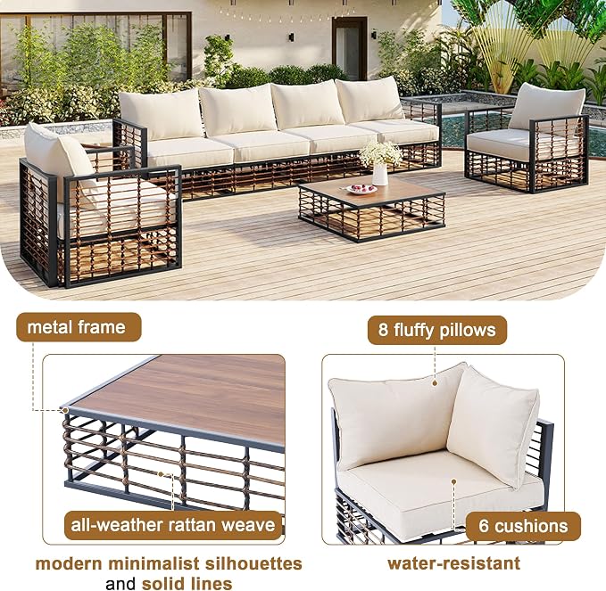 Modern Minimalist 7-Piece Metal Patio Sectional Sofa Set, All-Weather Garden Conversational Furniture Set with Thick Cushions and Coffee Table for Indoor Outdoor (Dark Grey#26)