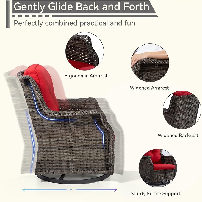 3 Piece Patio Furniture Set, 2-Seater Loveseat and 2 Swivel Glider Chairs Outdoors, Rattan Conversation Set with Deep Seating and Olefin Cushions, for Backyard, Garden, Red