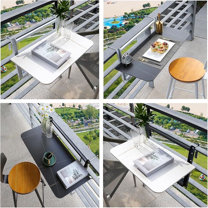 Adjustable Height Foldable Outdoor Balcony Railing Bar Table, Perfect for Patio, Deck & Balcony - Black Serving Table (47.2 x 13.8 inches)