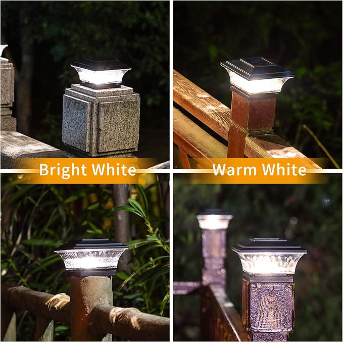 HUYIENO Solar Post Cap Lights Outdoor LED Lighting Deck Fence Cap Light Two Light Modes Warm White/Bright White Suitable for 4x4 Wooden Posts Black 2PK