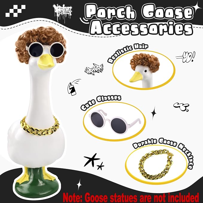 8090 Vintage Porch Goose Wigs Accessories 2 Pack with Sunglasses Retro Street Style Porch Goose Braid Wigs Outdoor Decor for Lawn Goose Statues
