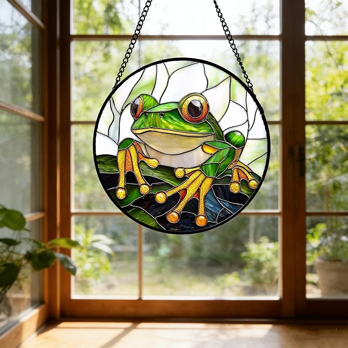 DASTOLL Stained Glass Window Hanging, Green Frog White Petals Sun Catchers Colorful Glass Panel Cute Suncatcher Decor for Birthday for Women, Men, Wife, Aunt, and Mom 6.3 in