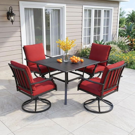 LVUYOYO 5-Piece Outdoor Patio Dining Set, Metal Swivel Chairs & Square Table Set, All-Weather Furniture for Backyard, Garden,Balcony,Porch (Red)
