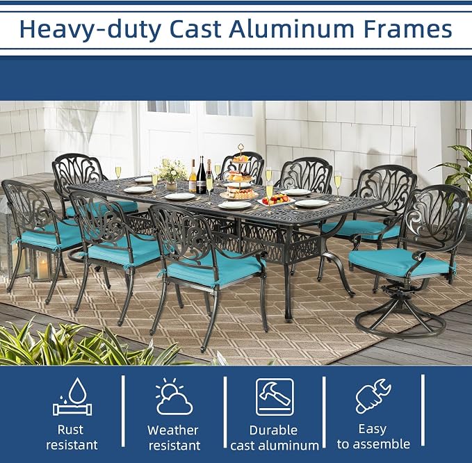 9-Piece Patio Cast Aluminum Dining Set, Outdoor Dining Furniture Set for 8, Includes 94.5" Rectangular Dining Table, 6 Stationary, 2 Swivel Dining Chairs with Umbrella Hole, Ocean Blue