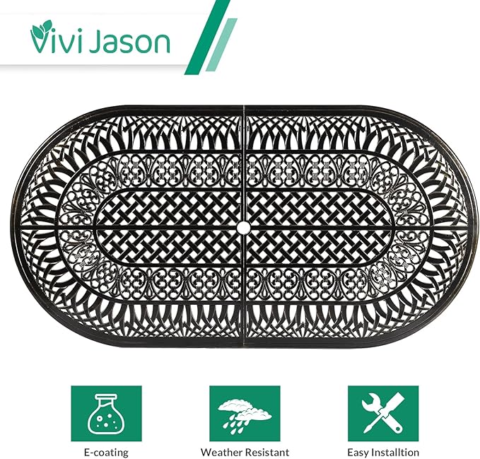 VIVIJASON 9-Piece Outdoor Furniture Dining Set, All-Weather Cast Aluminum Patio Conversation Set, Include 6 Stationary Chairs, 2 Swivel Dining Chairs and an Oval Table with Umbrella Hole