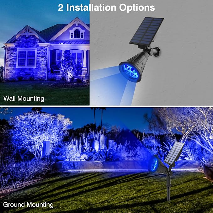 T-SUN Blue Solar Spotlights, Outdoor Waterproof Auto ON/Off Adjustable Garden Pond Lights for Tree, Patio, Yard, Driveway, Stairs, Pool Area