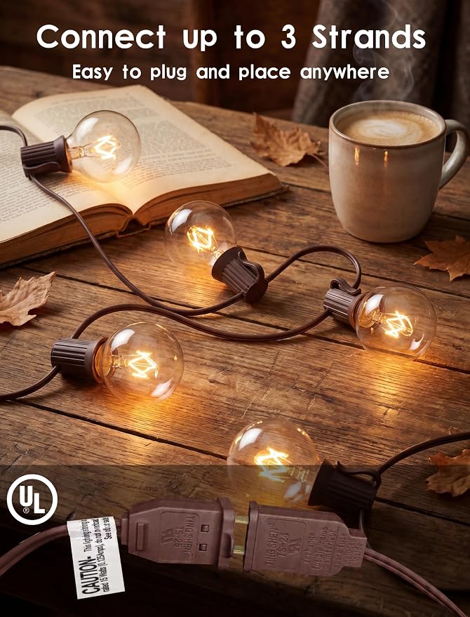 SUNSGNE 50Ft Outdoor Edison String Lights G40 Connectable Globe Lights with 53 Clear Globe Bulbs(3 Spare) for Indoor Outdoor Commercial Decor, 50 Hanging Sockets, 5W/E12 Base, Brown Wire