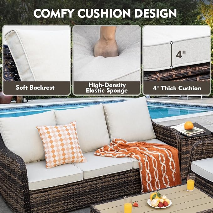 MEISSALIVVE Outdoor Patio Furniture Set with Swivel Chair, 6 Pieces Patio Conversation Set, Patio Sectional Furniture Set with 4 Swivel Rocker Patio Chair and 2 Side Table (Brown)