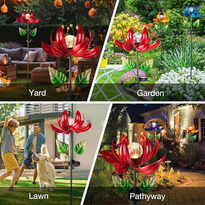 AIINY Solar Lights Outdoor Garden Decor, Solar Wind Spinner Yard Decorations Gifts for Outside, Lotus Windmill Pathway with LED Cracked Crystal Ball Waterproof Flower Sculpture for Patio Lawn