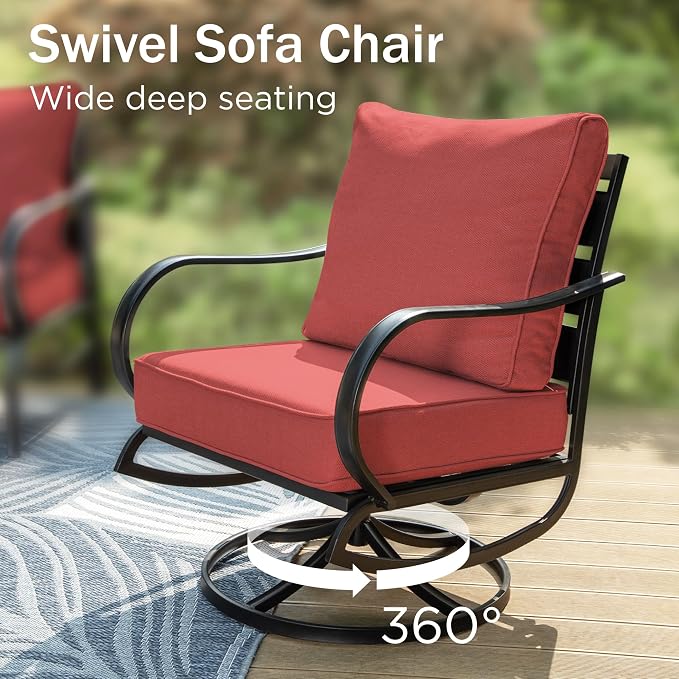 PHI VILLA 6 PCS Patio Furniture Sets with 2*Swivel Cushioned Sofa Chairs, 2* Leg Chairs, 1 * 3-Seat Wide Deep Seating Bench and 1*Coffee Table, Outdoor Metal Furniture Set for 7 Person(Red)