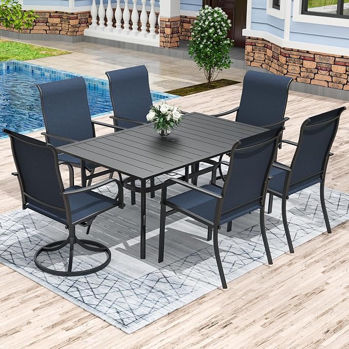 Anmutig 7 Pieces Outdoor Patio Dining Set, 63" Large Rectangle Table with Textilene Swivel Chairs & Fixed Chairs, Outdoor Furniture Set for Backyard, Deck, Porch