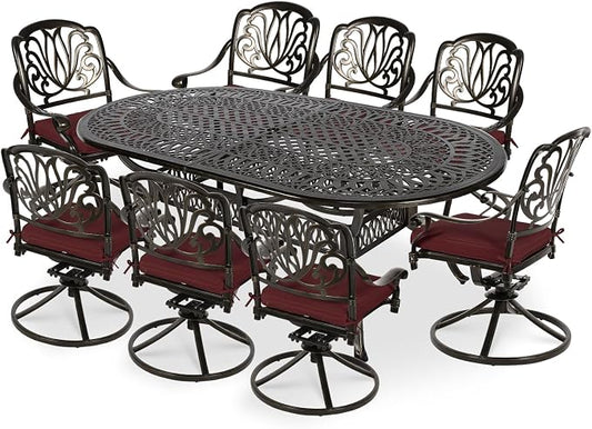 VIVIJASON 9-Piece Patio Furniture Dining Set, All-Weather Cast Aluminum Outdoor Conversation Set, Include 8 Swivel Dining Chairs and an Oval Table with Umbrella Hole for Garden Backyard, Red Cushion