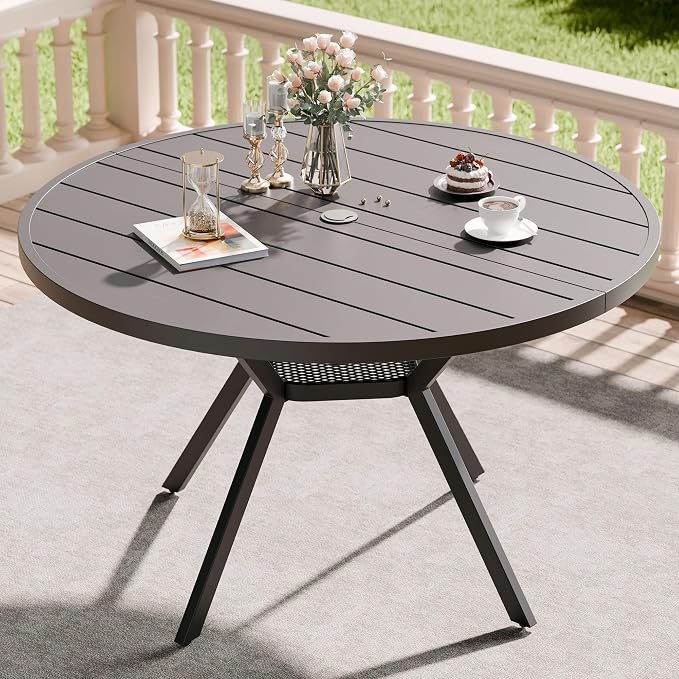 Betterhood 42” Outdoor Patio Table, Metal Patio Dining Table for All Weather, Round Outdoor Coffee Table, Patio Table with Adjustable Umbrella Hole or Garden, Backyard and Porch