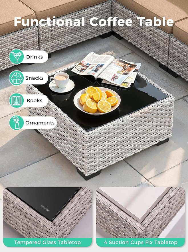 13 Piece Outdoor Wicker Sectional Sofa Set with Swivel Chairs & Fire Pit Table, 9-Seats with 4" Thickened Cushions & Coffee Table, All-Weather PE Rattan for Garden, Backyard, Porch, Beige