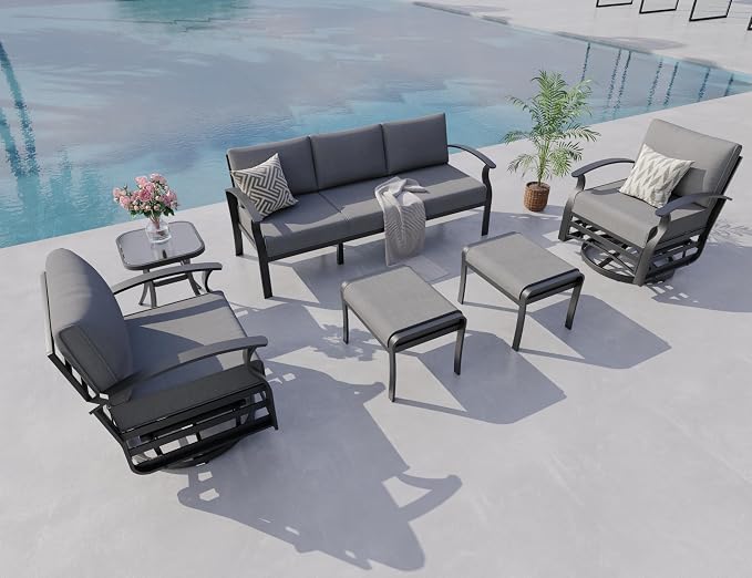 Aluminum Outdoor Patio Furniture Set,5 Seats Patio Conversation Sets with 2 Ottomans,Metal Patio Sectional Furniture Set with 2 Swivel Rocking Chairs,Grey