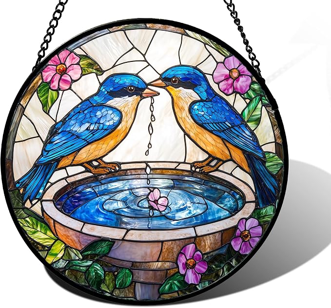 DASTOLL Stained Glass Window Hanging, 2 Blue Birds Suncatcher Diamond Glass Panel Hangings Bird Lover Sun Catchers Decor for Birthday for Women, Men, Wife, Aunt, and Mom 7.8 in