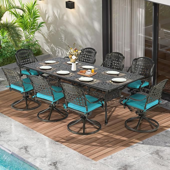 MEETWARM 9-Piece Outdoor Patio Dining Set, All Weather Cast Aluminum Patio Funiture Table and Chairs Set- 94.5” Rectangular Table and 8 Cushioned Swivel Rocker Chairs, Umbrella Hole, Ocean Blue