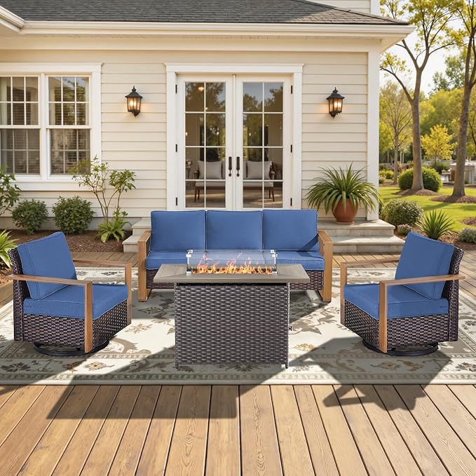 High Back Patio Furniture Set with Fire Pit Table, 4-Pieces Outdoor Furniture with Metal Arm Swivel Chairs, Wicker Conversation Set for Porch, Balcony, Deck and Yard, Blue